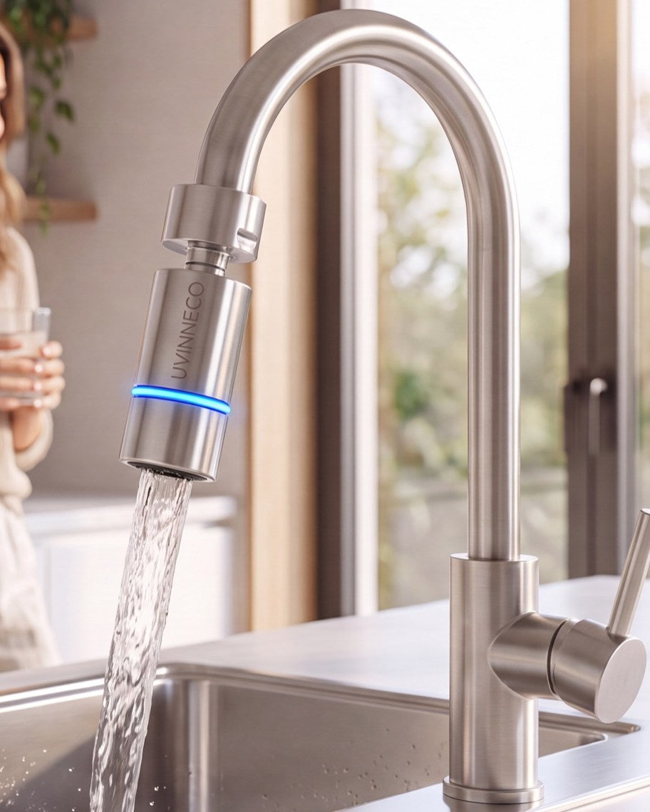 UVINNECO attachment screwed onto a tap with a blue UV-C glow, water flowing into the sink