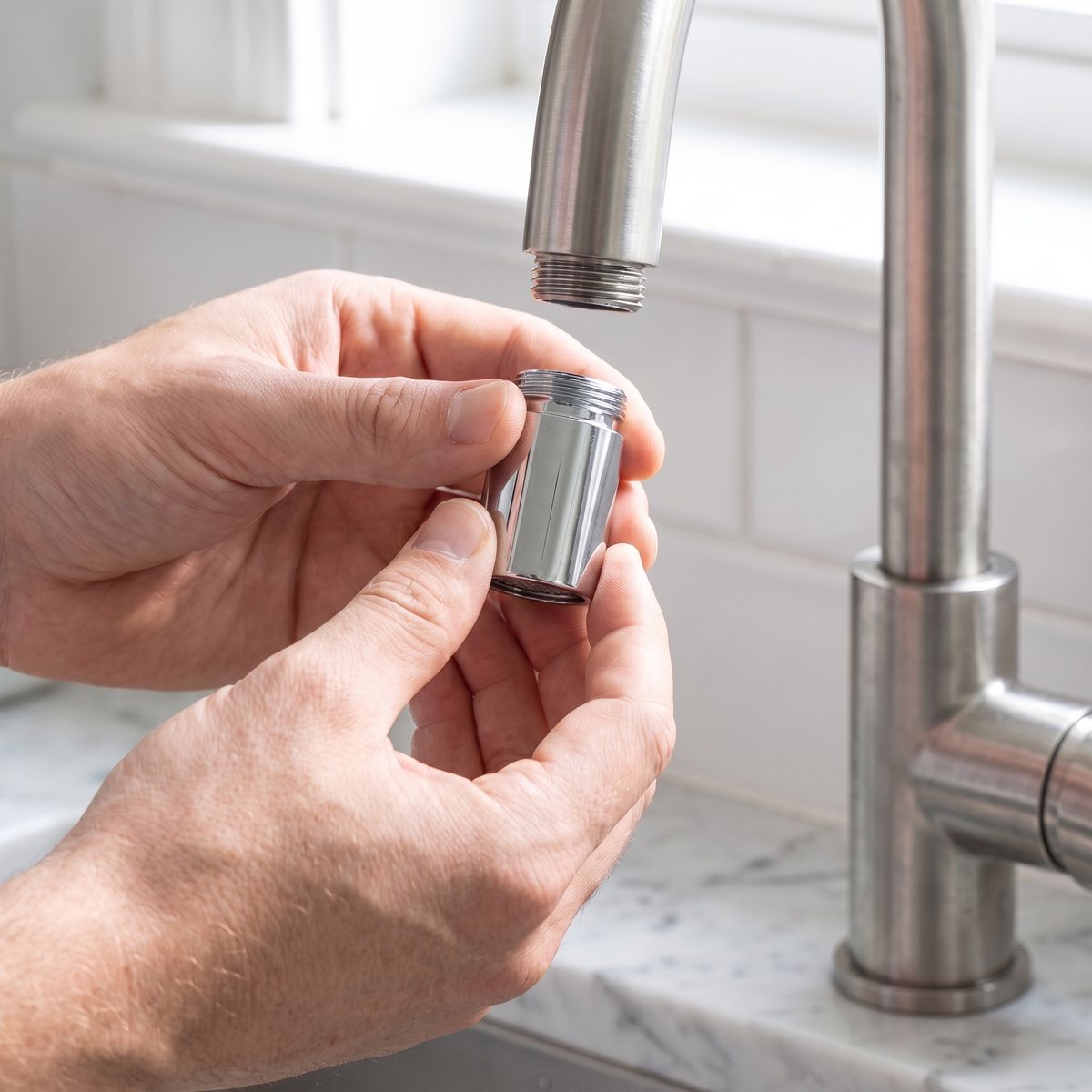 A hand unscrewing a standard aerator from the tap