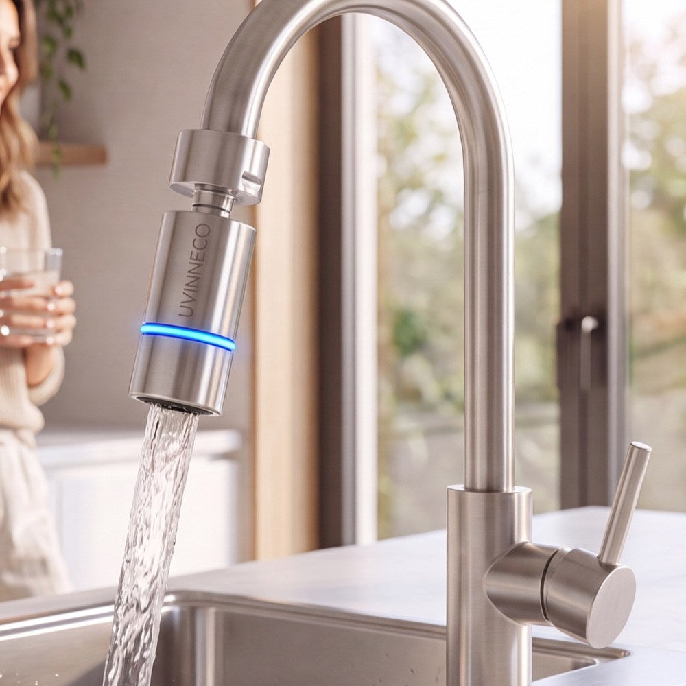 UVINNECO attachment fitted on the tap, water running