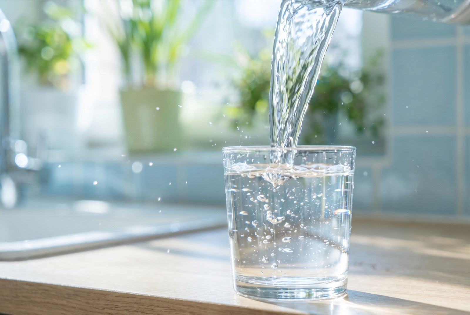 Crystal-clear drinking water pouring into a glass in a bright kitchen