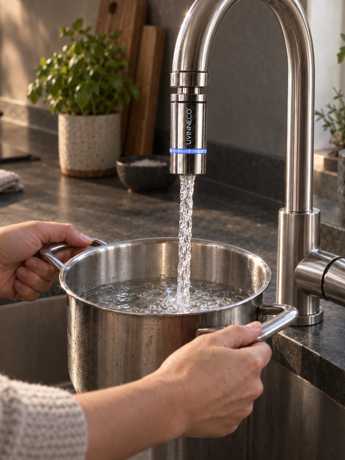 Clean tap water in a bright modern kitchen