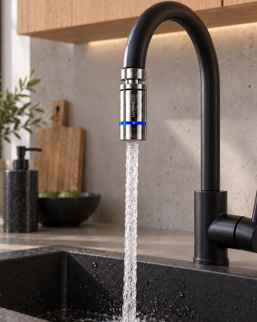 UVINNECO attachment screwed onto a tap with a blue UV-C glow, water flowing into the sink