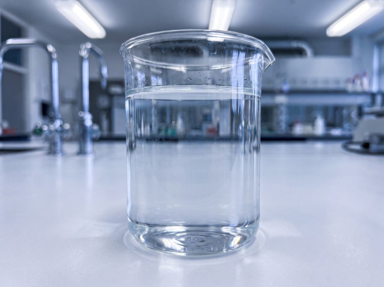 Pure water in a laboratory beaker