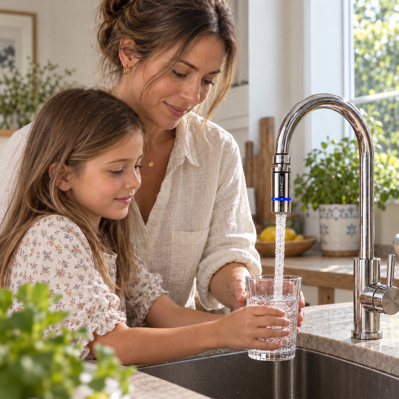 A mother and child pouring clean water from the tap
