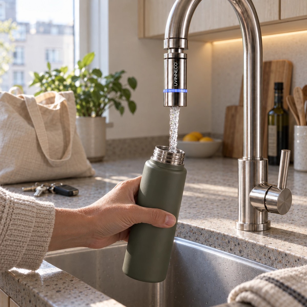 UVINNECO attachment fitted on the tap, water running